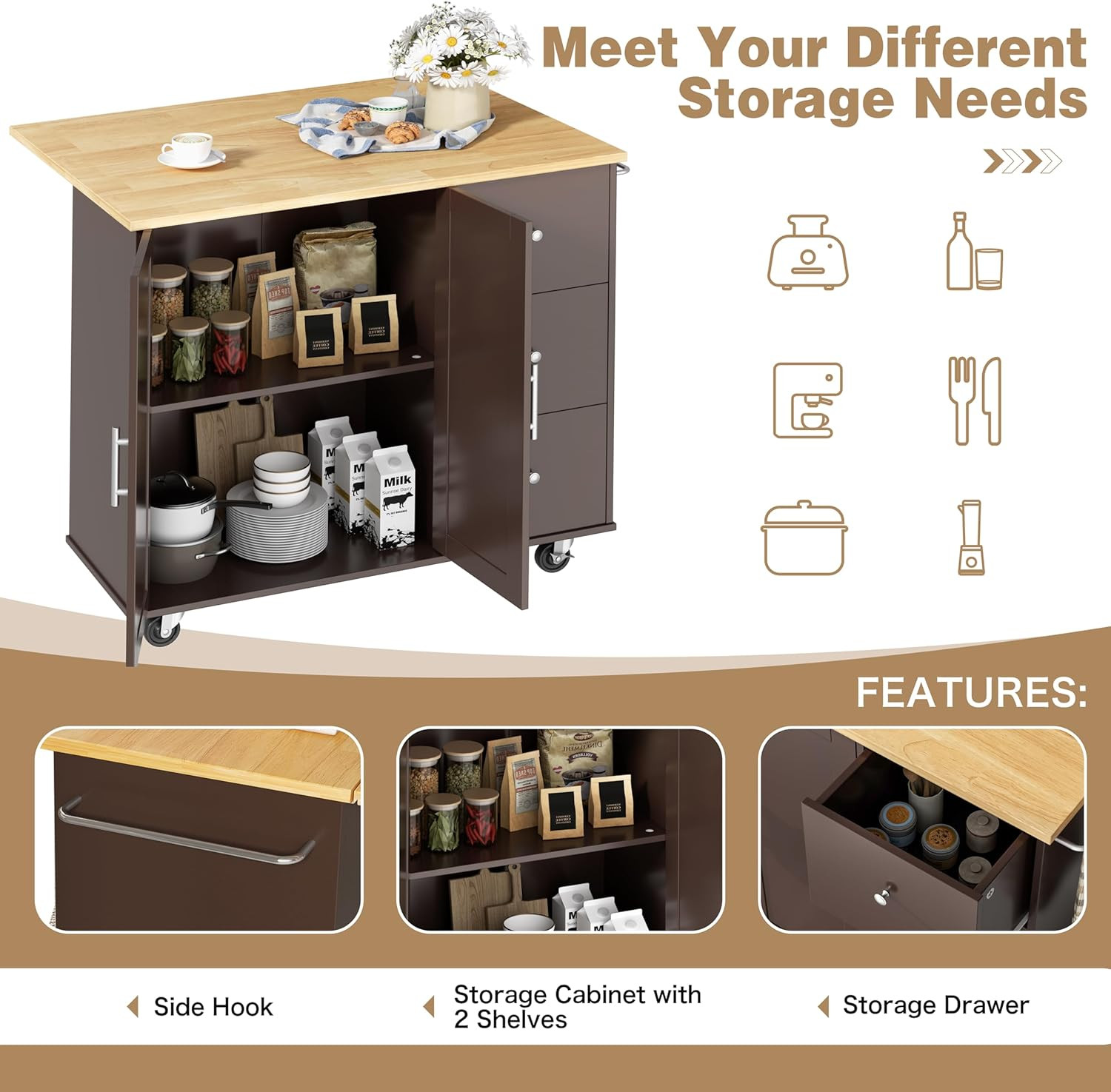 Kitchen Island with Folding Drop Leaf, Rolling Island Table with Storage, Kitche
