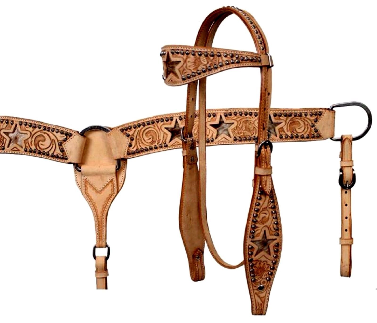 Western Natural Leather Set of Headstall and Breast Collar with Star Inlay & Dot