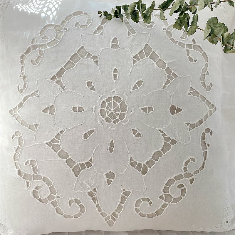 Elegant White Flower Embroidery Hand Hemstitch Wide Frill Cotton Cushion Cover