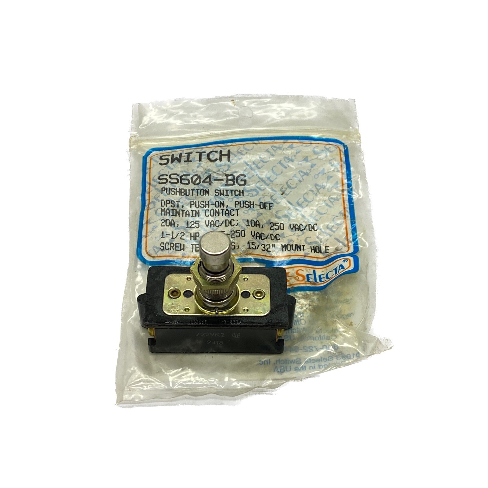 NIB Selecta 20A 125V 1-1/2HP DPST Pushbutton Switch SS604-BG