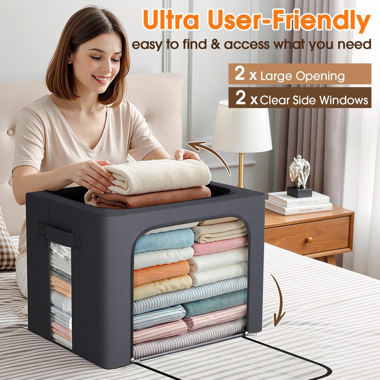 6 Pack Fabric Storage Bins with Metal Frame, 40L Organizer Bags, Clear Window, Z