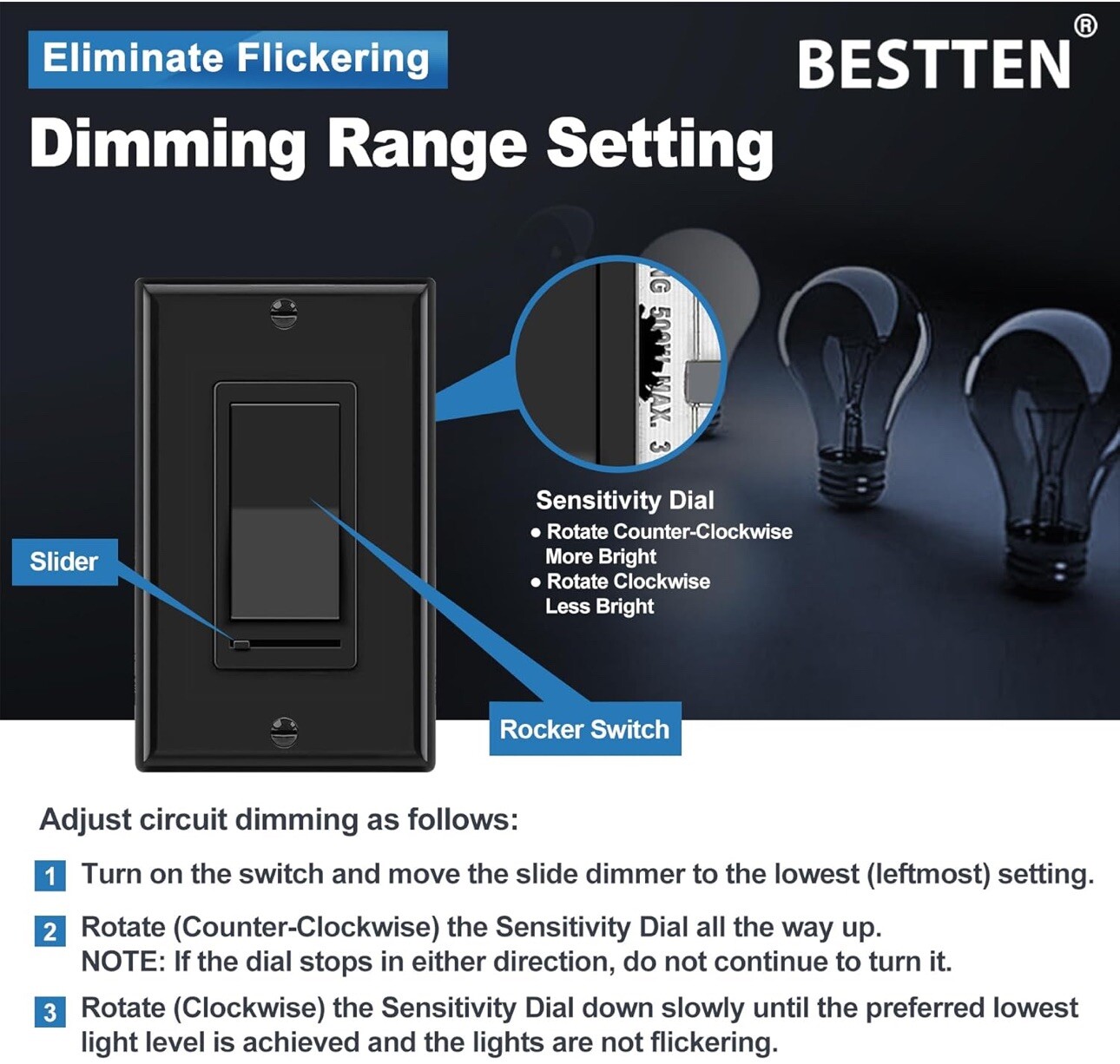 [10 Pack] BESTTEN Dimmer Wall Light Switch, Compatible with Dimmable LED, CFL...