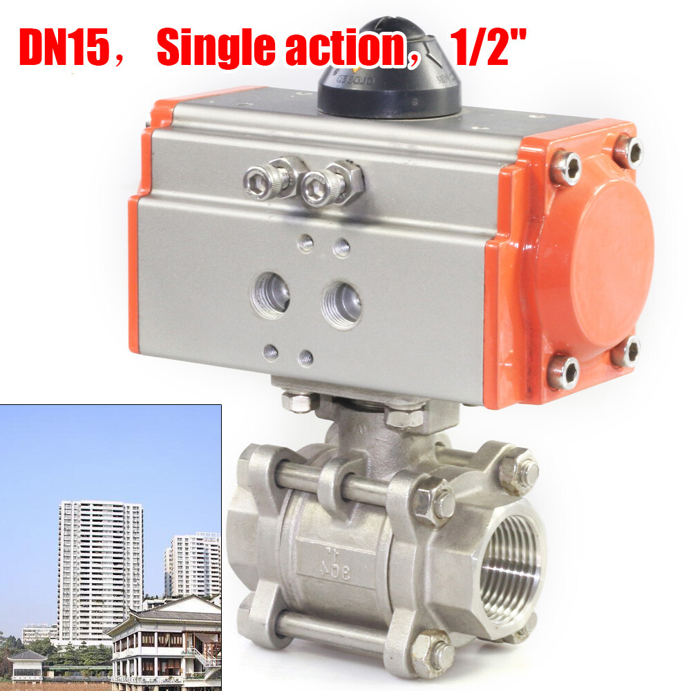 New 1/2" 3-Piece Pneumatic Air Actuated Ball Valve Single Acting Spring Return