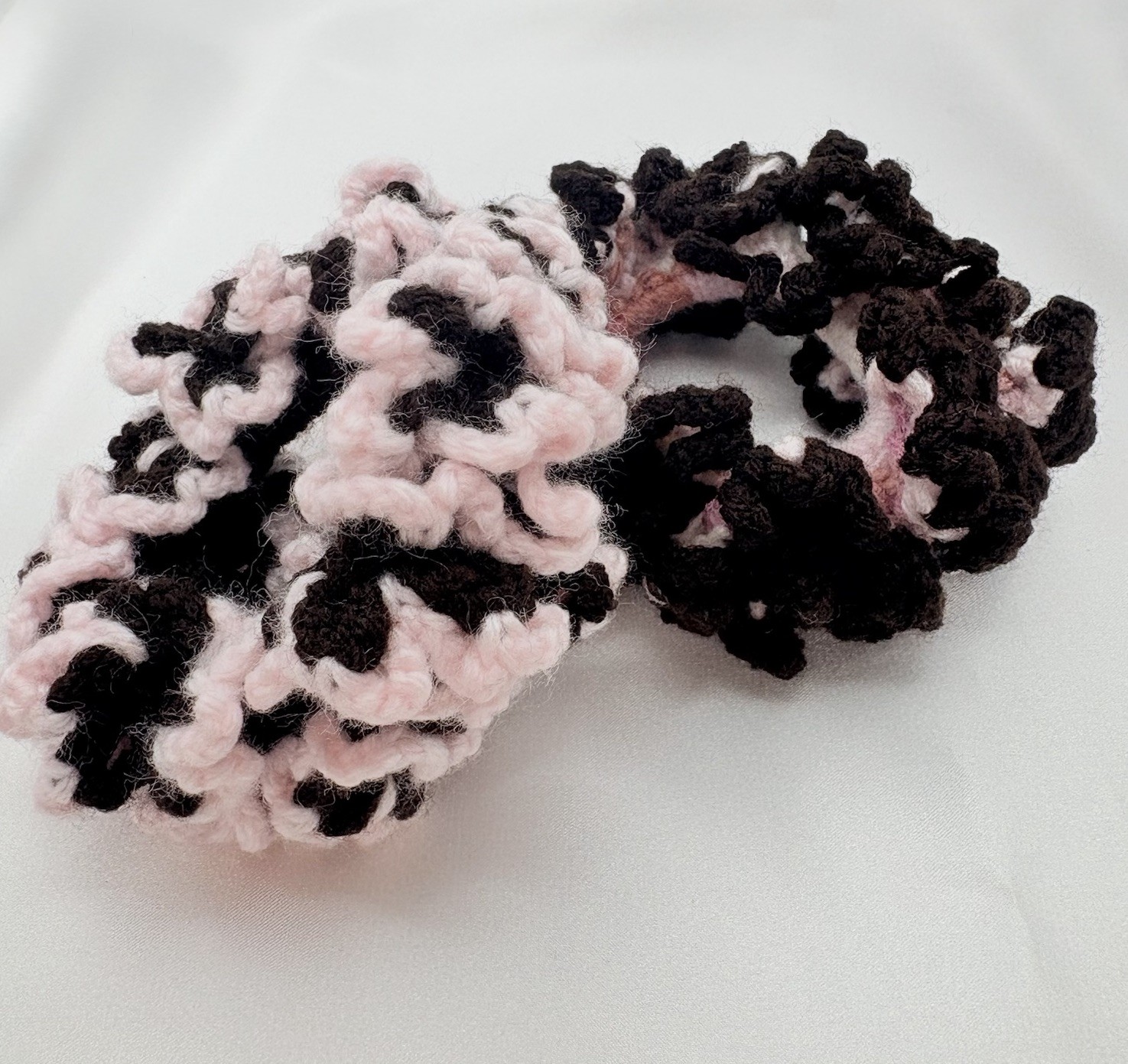 Big Pom Pom Set 2 Handmade Crocheted Hair Scrunchies  Pink Brown Girls Women Fun
