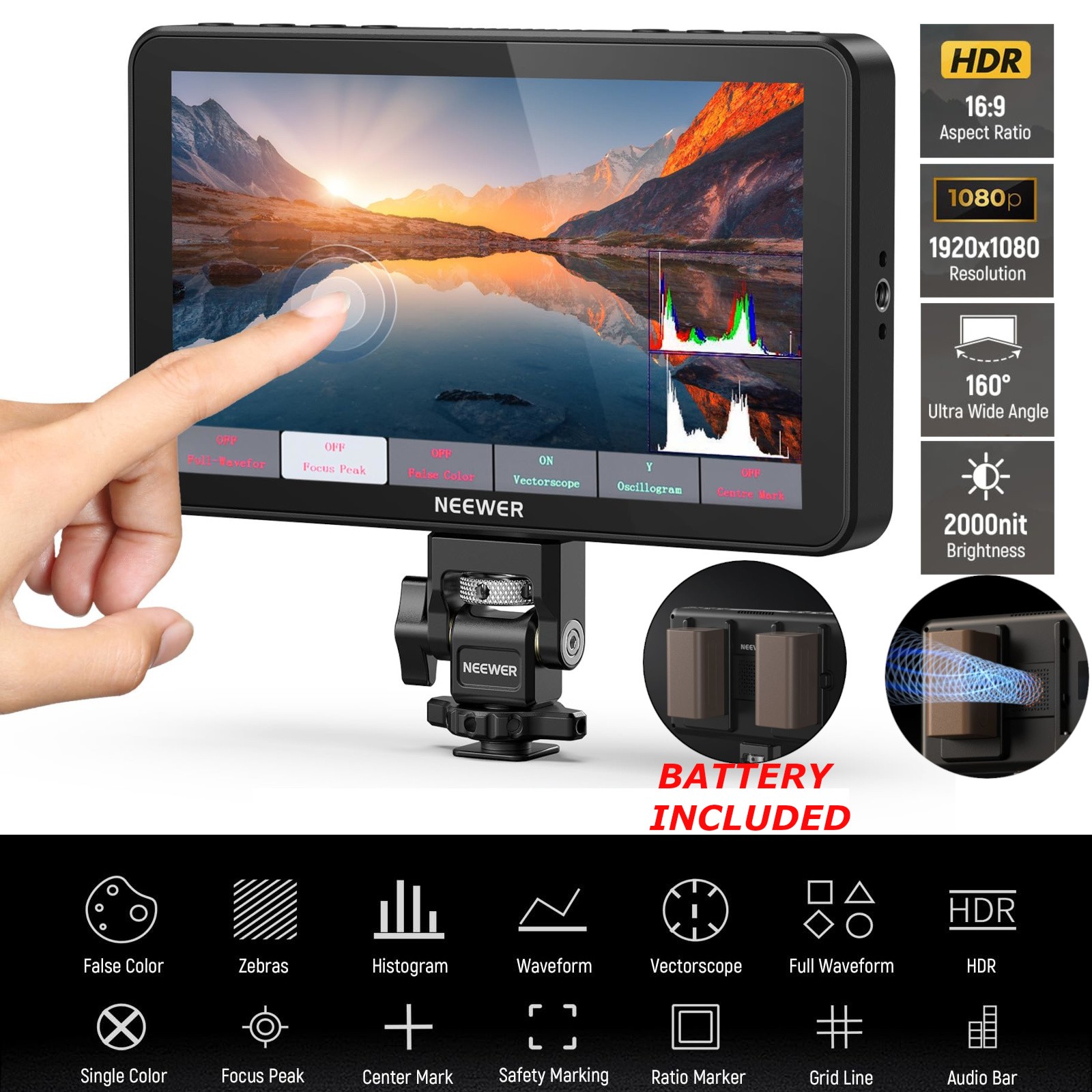 7" Camera Field Monitor F700 2000nit HD 1920x1080 IPS Touch Screen w/ 2xBattery