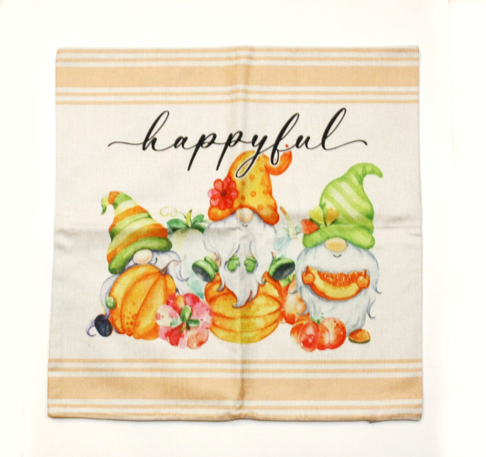 Happyful Thanksgiving Gnomes Pillow Cover w Zipper Woven Fabric 17" Square New