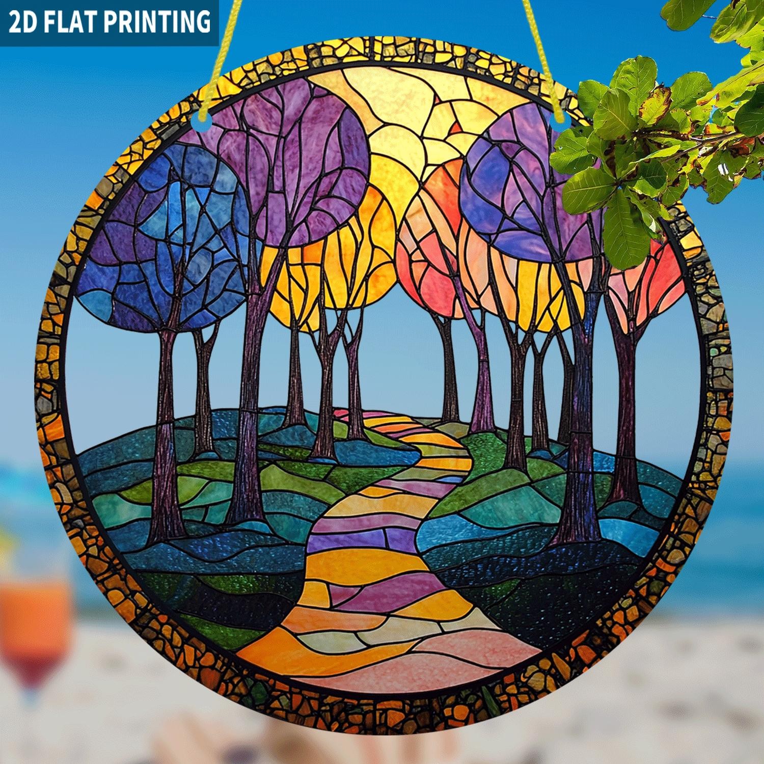 Colorful Forest Path Round Acrylic Suncatcher Window Hanging Nature Wall Decor