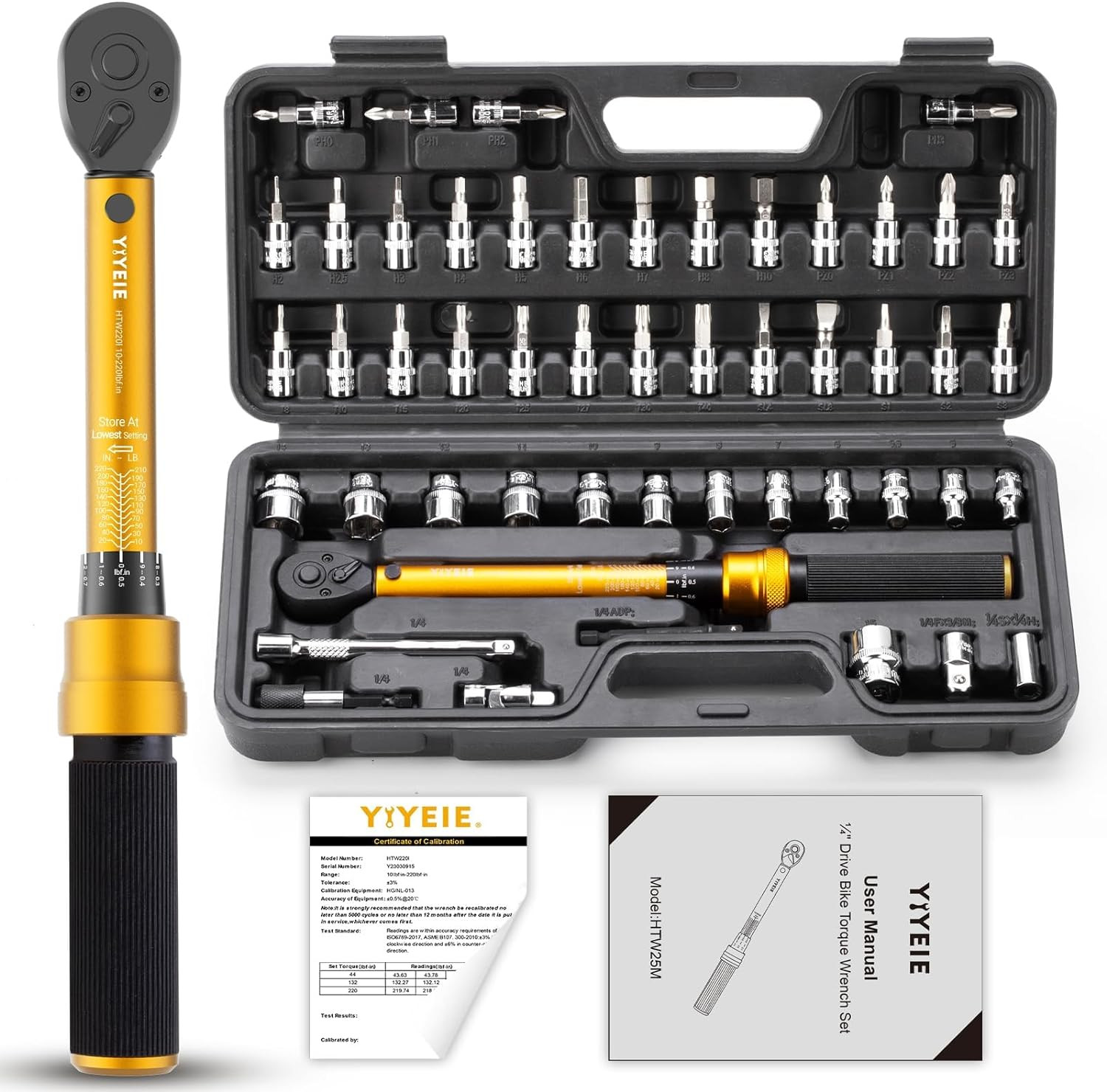 50Pcs Master Bike Torque Wrench Set, 1/4 Inch Drive, 10-220 IN.LB (1-24.9 Nm), I