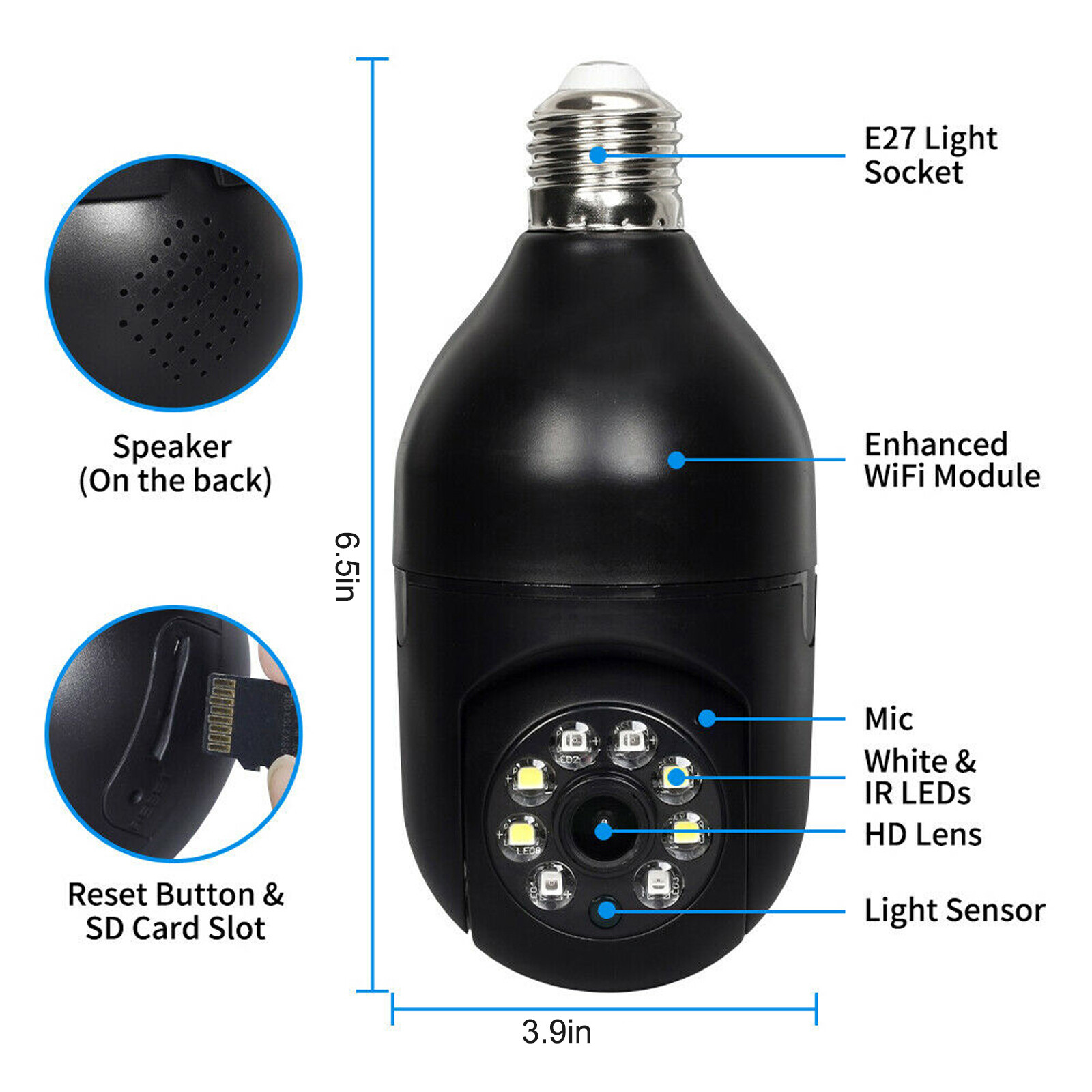 360° 1080P IP E27 Light Bulb Camera Wi-Fi IR Night Smart Home Wireless Security