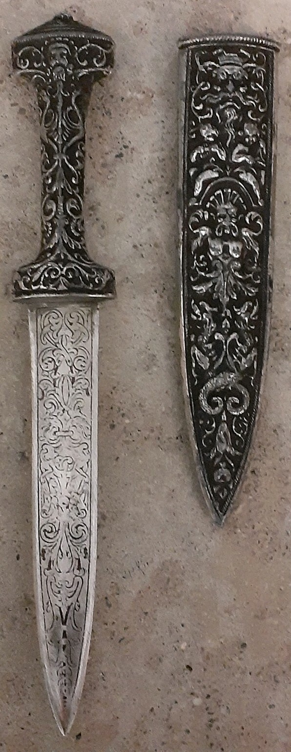 19th C Replica Silver Dagger Antique Grotesque Arabesque Hans Holbein Movie Prop