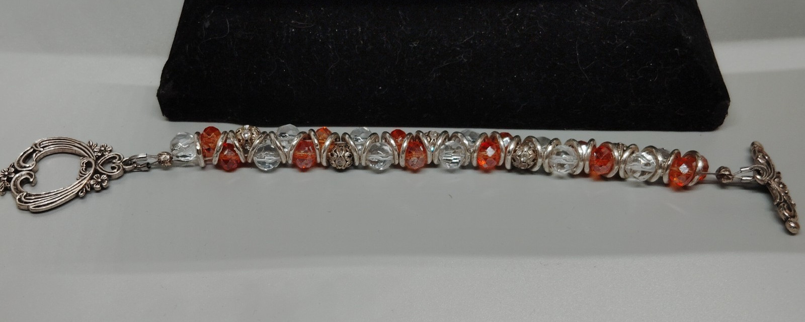 Handcrafted Beaded & Wired Bracelet Orange-Amber Clear -Silver Beads 6"-7" Wrist