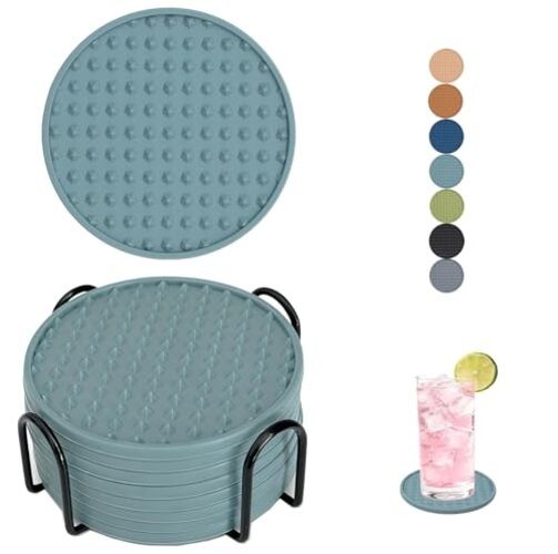 Set of 8 Silicone Coasters, 4'' Drink Coaster with 8 Pcs-Metal Holder Blue