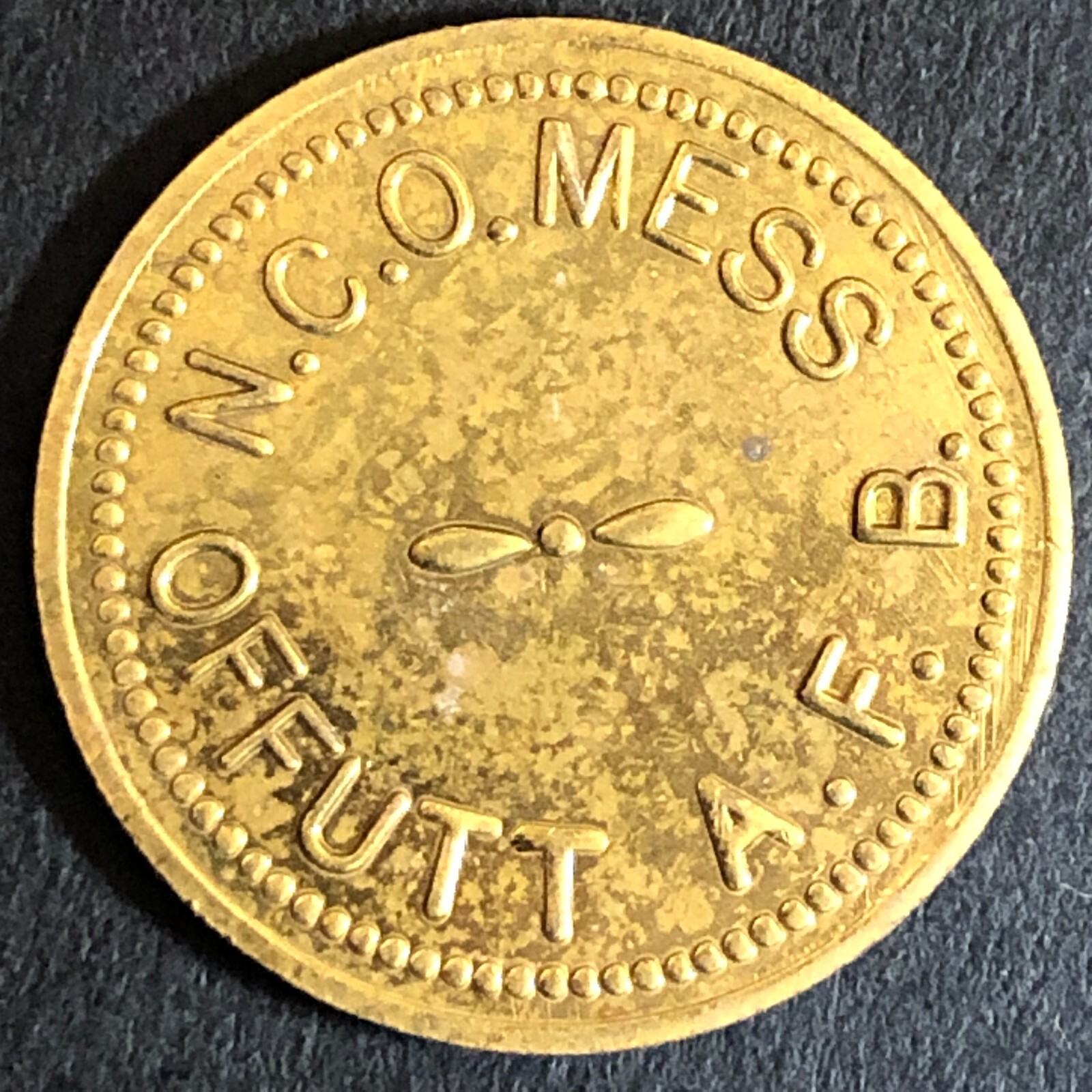 Offutt AFB Omaha, NE NCO Mess G/F 5c Round Brass Trade Token Scarce 22.4mm
