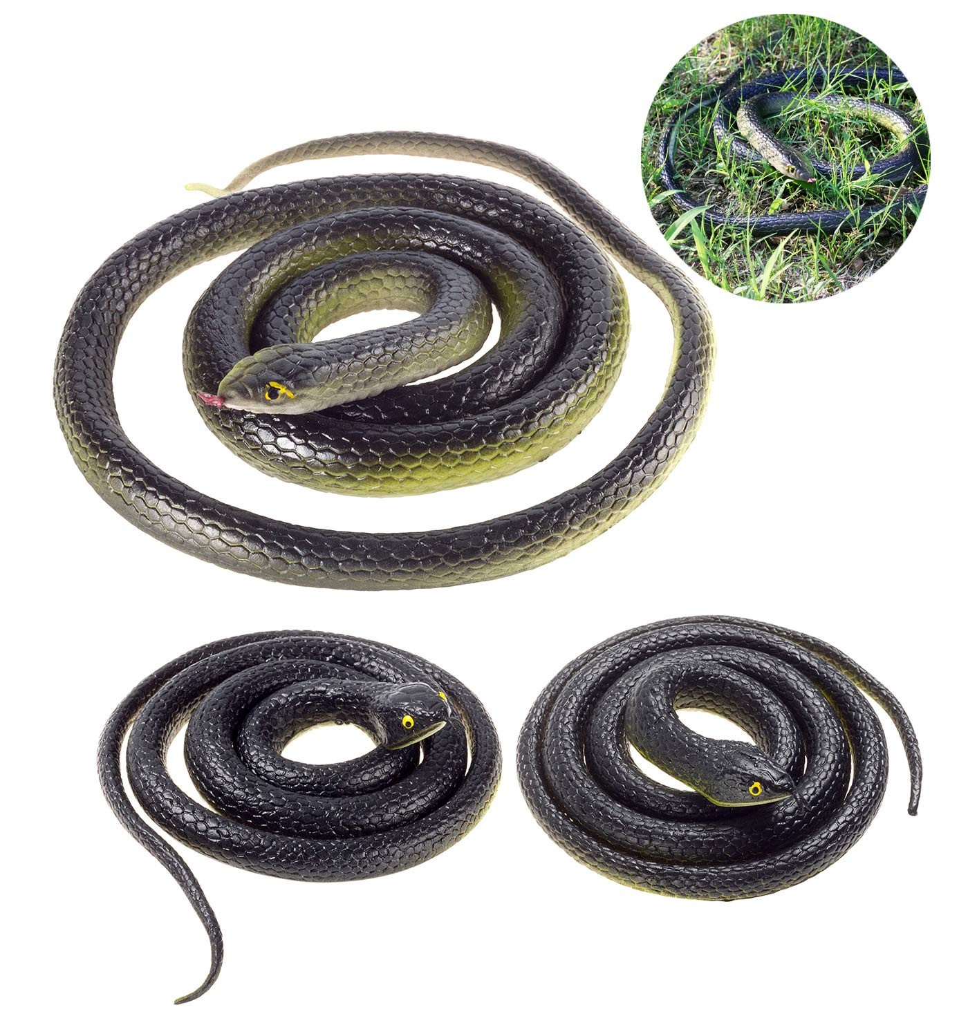 3-Pack Ultra-Realistic Rubber Snakes for Halloween Decorations, L, Black