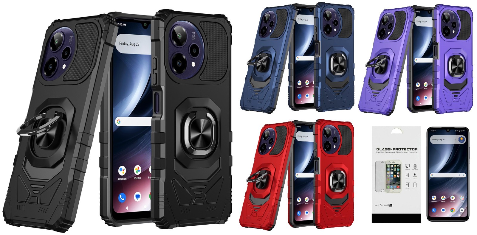 For AT&T Verge 2 SN333A Robotic Ring Stand Case Phone Cover + Tempered Glass