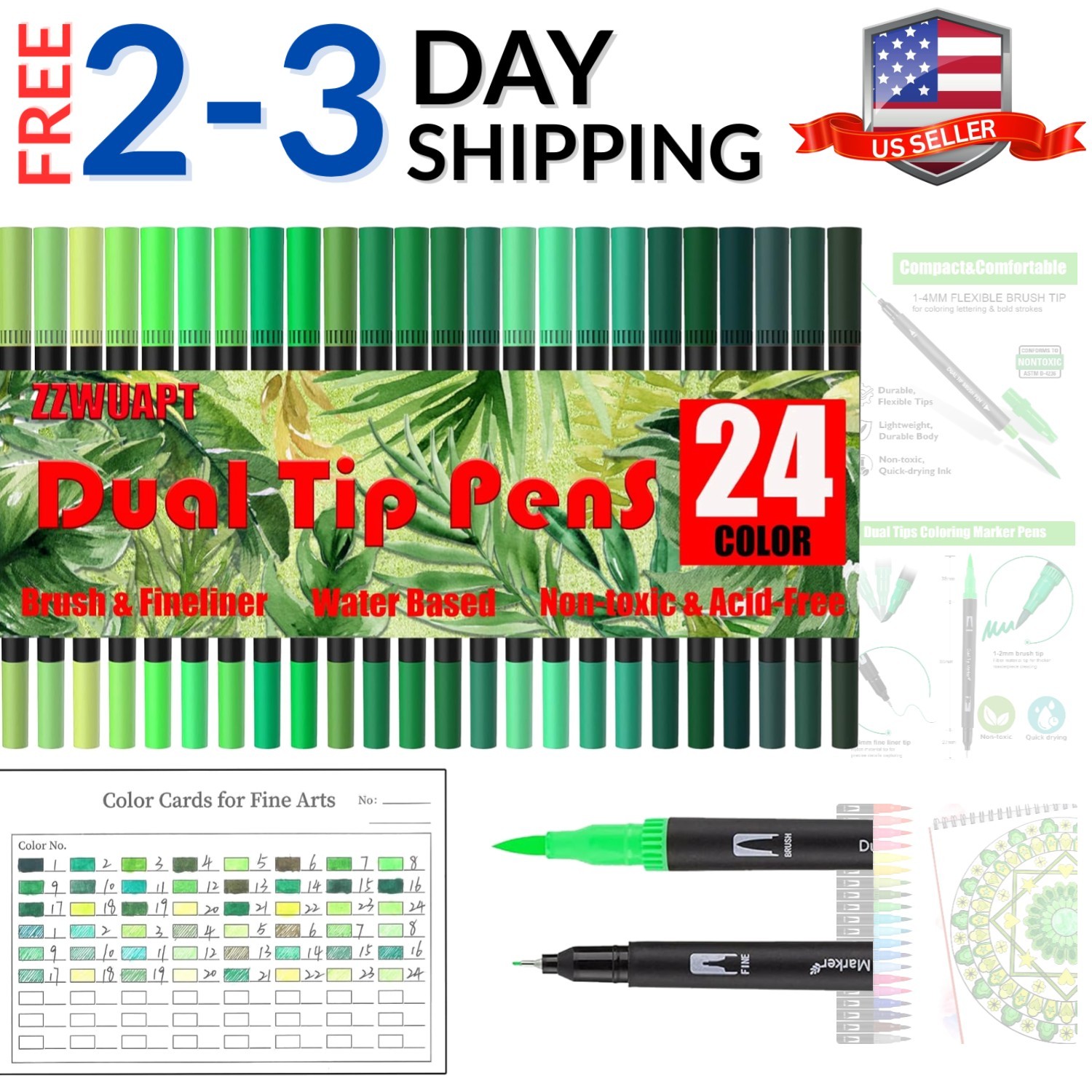 Green Double Tip Brush Pens Art Markers,24 Colored Artist Fine Brush Pen Colo...
