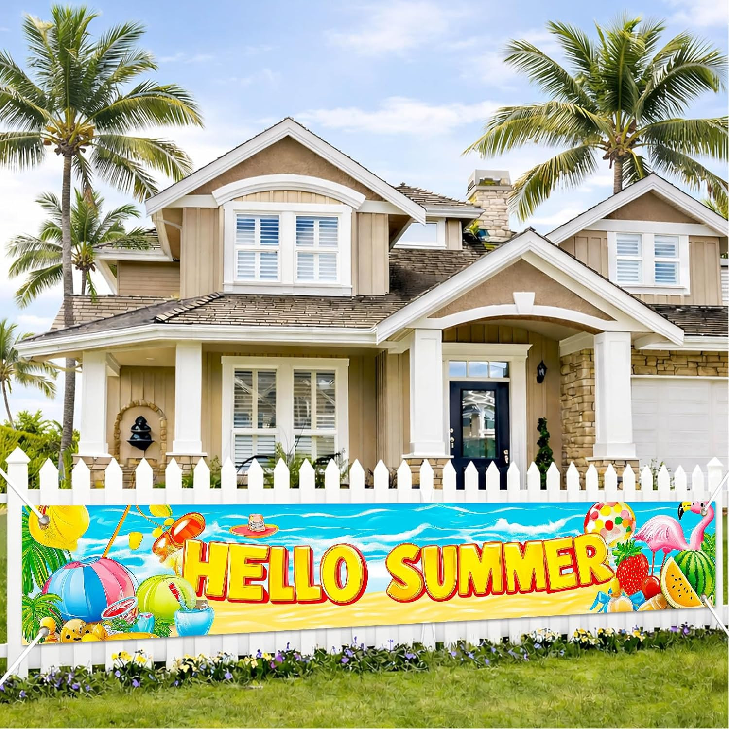 Summer Decorations Beach Ball Watermelon Flamingo Yard Sign Fence Banner 118X20"