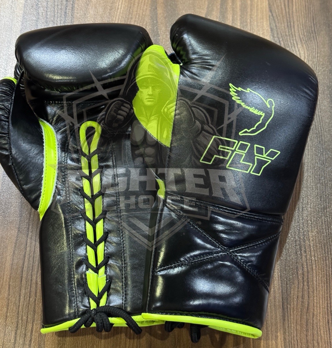 Custom Made Fly Boxing Set Black & Neongreen Cowhide Leather Sparring & Training