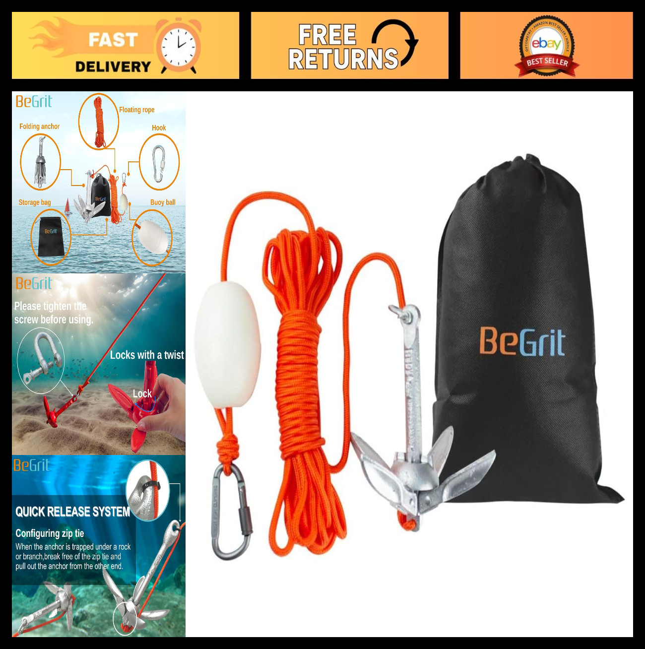Folding Marine Anchor for Kayak, Canoe, Jet Ski - 32.8ft Rope & Carry Bag