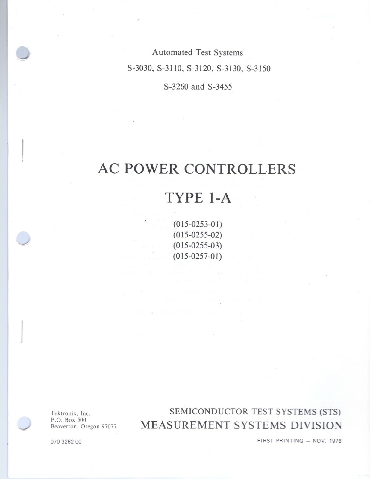 Original Tektronix AC Power Controllers Type 1-A Instruction Manual 070-3262-00