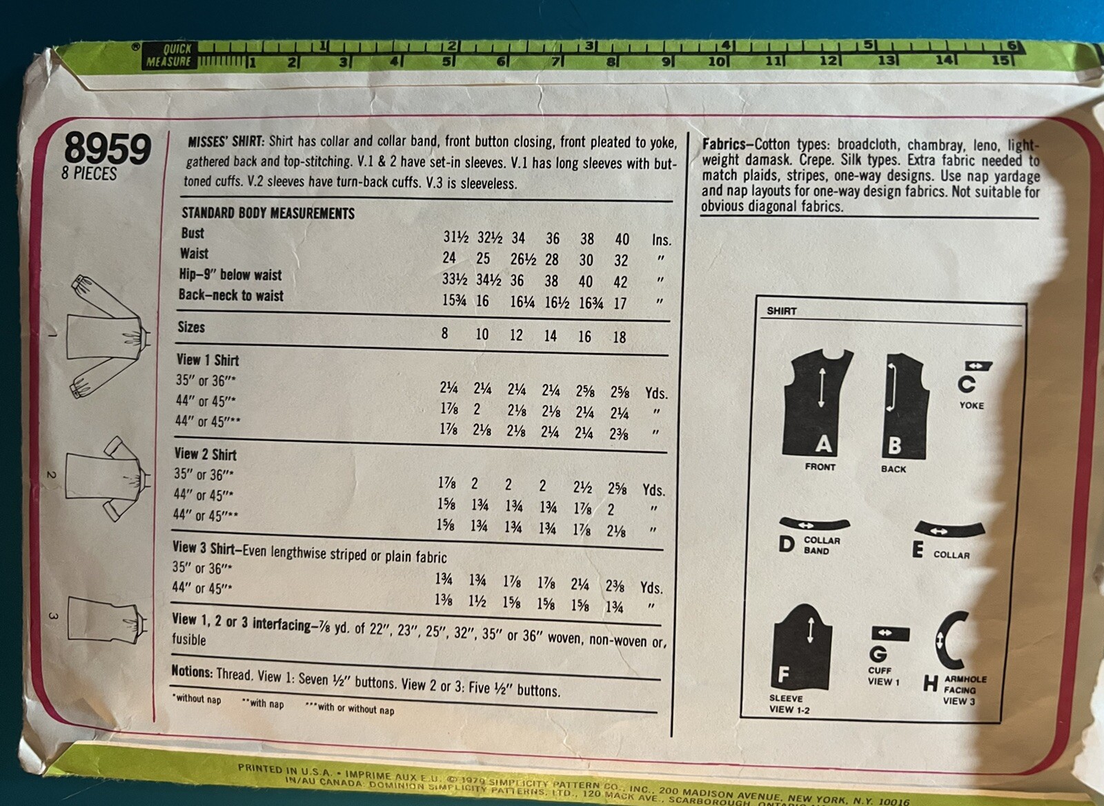 Vtg Simplicity pattern 8959 Misses' button front, collar Shirt sz 10 bust 32-1/2