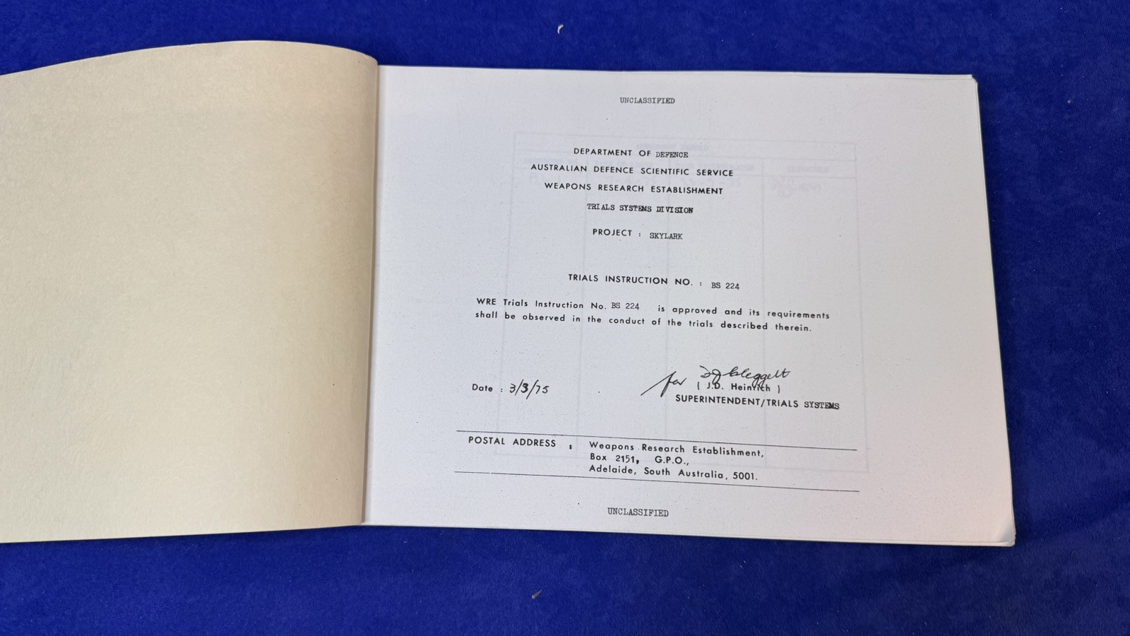 Project Skylark WRE Trials Instruction BS 224 Australian Defence Document