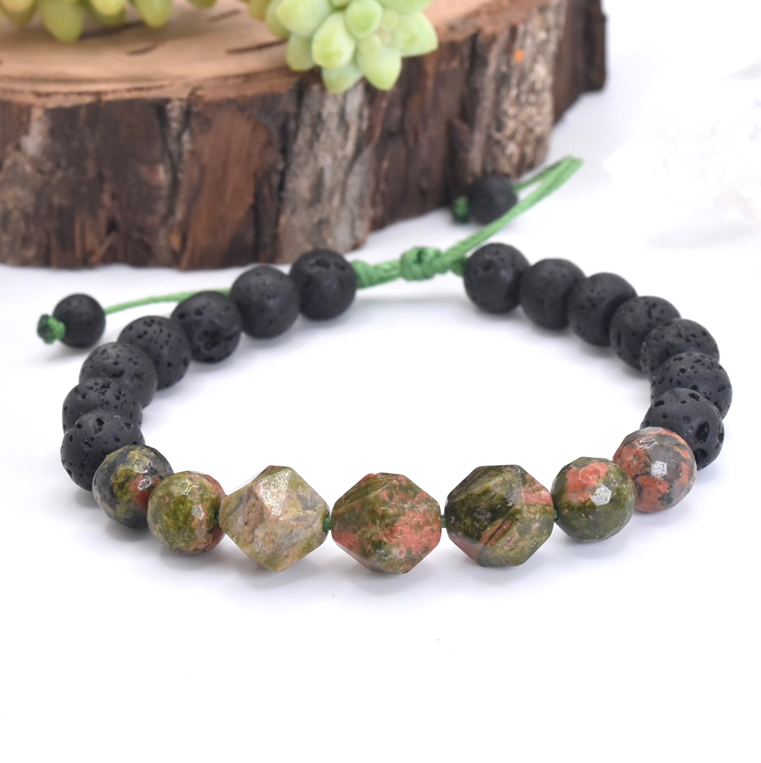 Unakite Natural Diffuser Wooden Bracelet. Crystals "For Beginnings & Rebirth"