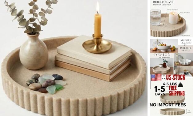 Decorative Tray for Decor - Coffee Table Tray for Living Room - Beige Resin