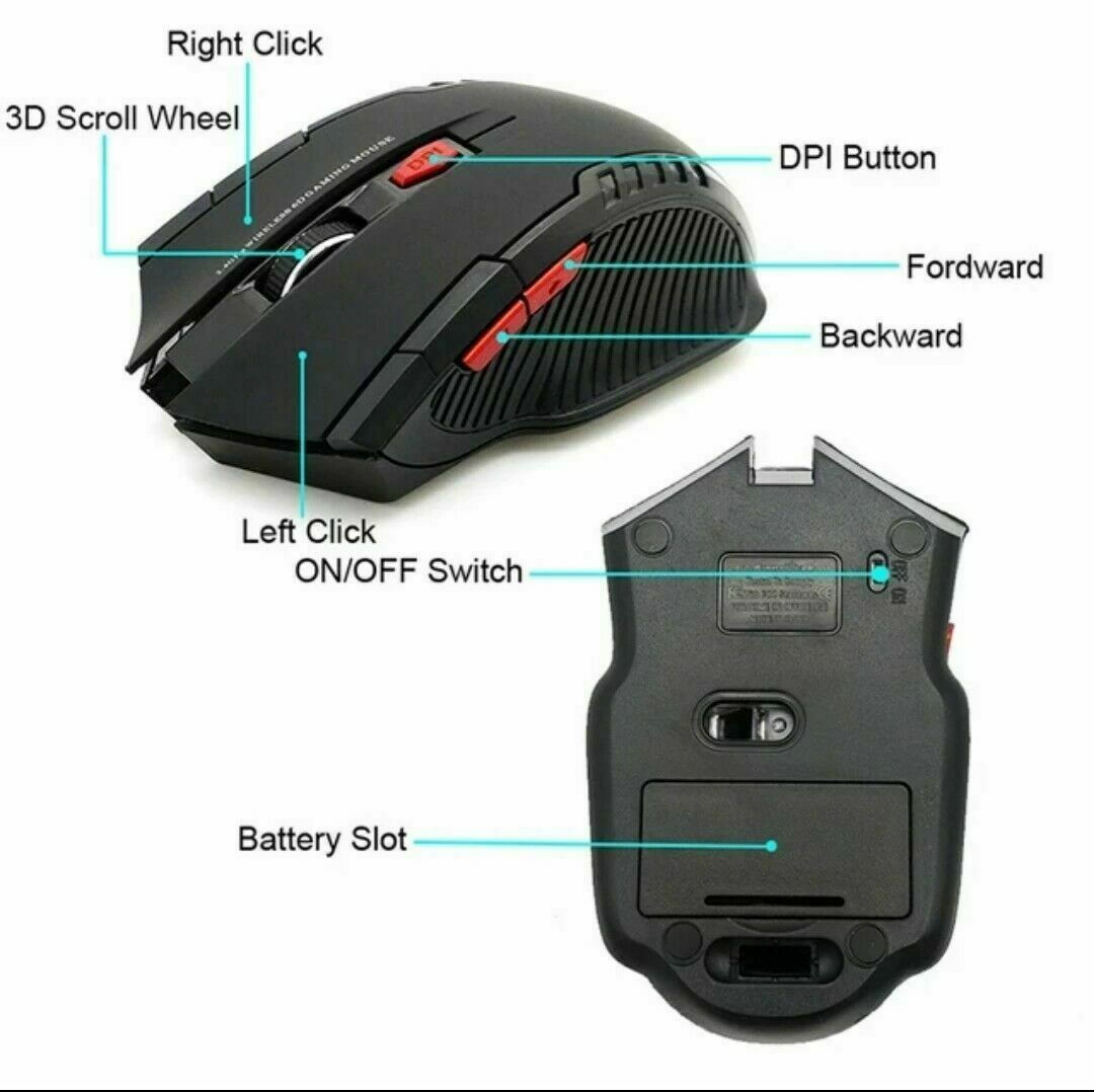 Wireless Gaming Mouse 2.4G Portable Optical Desktop Laptop - 6 Buttons BLACK USA