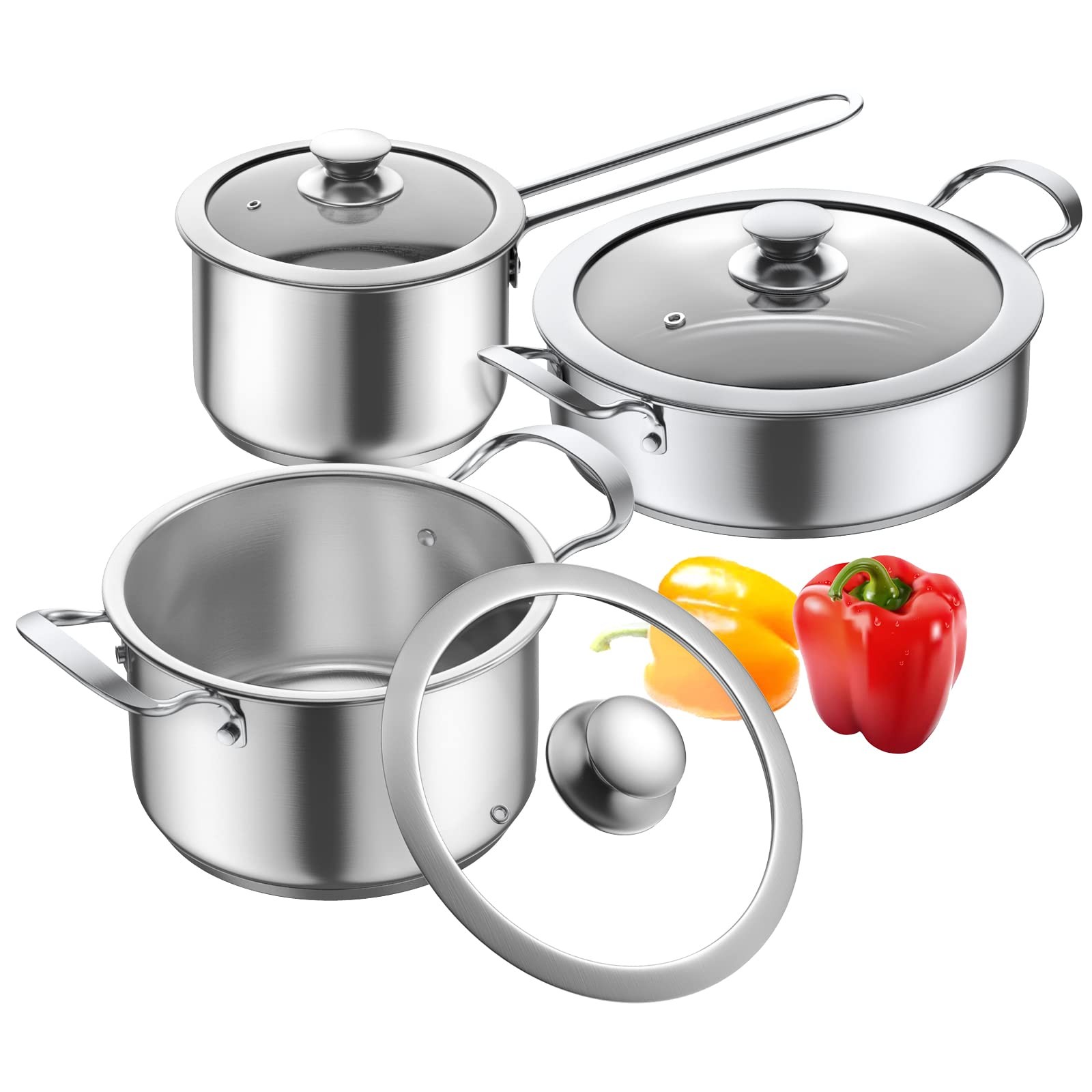 Aufranc Stainless Steel pots and pans set, 6 Piece Nonstick 6-PCS, Silver