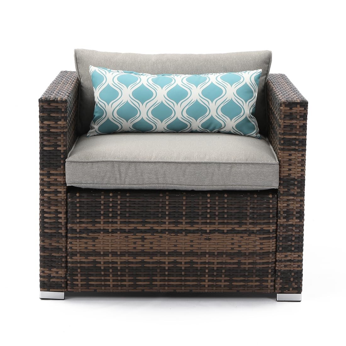 All-Weather Patio Chair, Single Brown Wicker Chair with Thick Gray Cushions &...