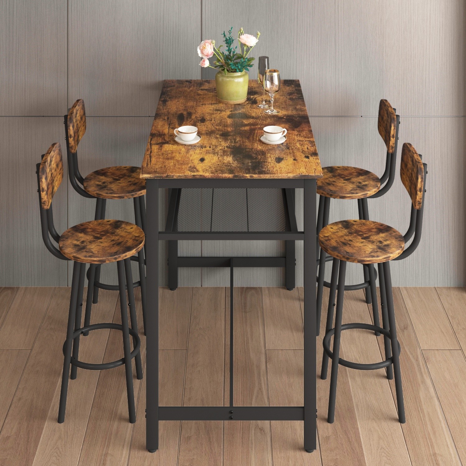 5 Piece Bar Table Set Kitchen Counter Height Table Dining Table w/ 4 Bar Stools