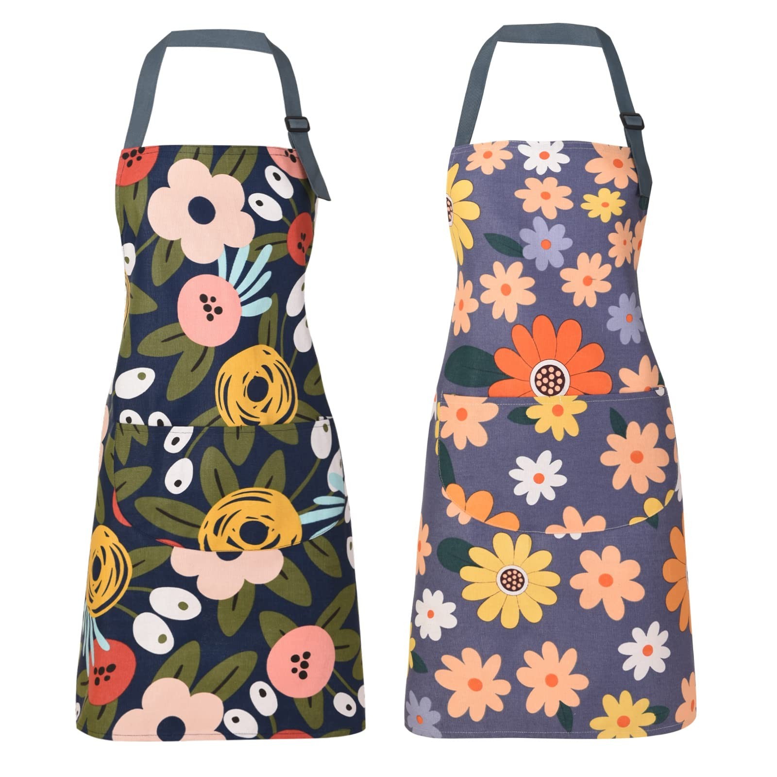 2 Pack Floral Apron for Women with Pockets, Adjustable Cotton Chef Aprons for...