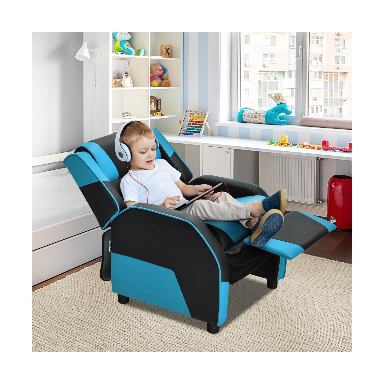Youth Kids Gaming Sofa Recliner w/ Headrest & Footrest Blue and Black Color