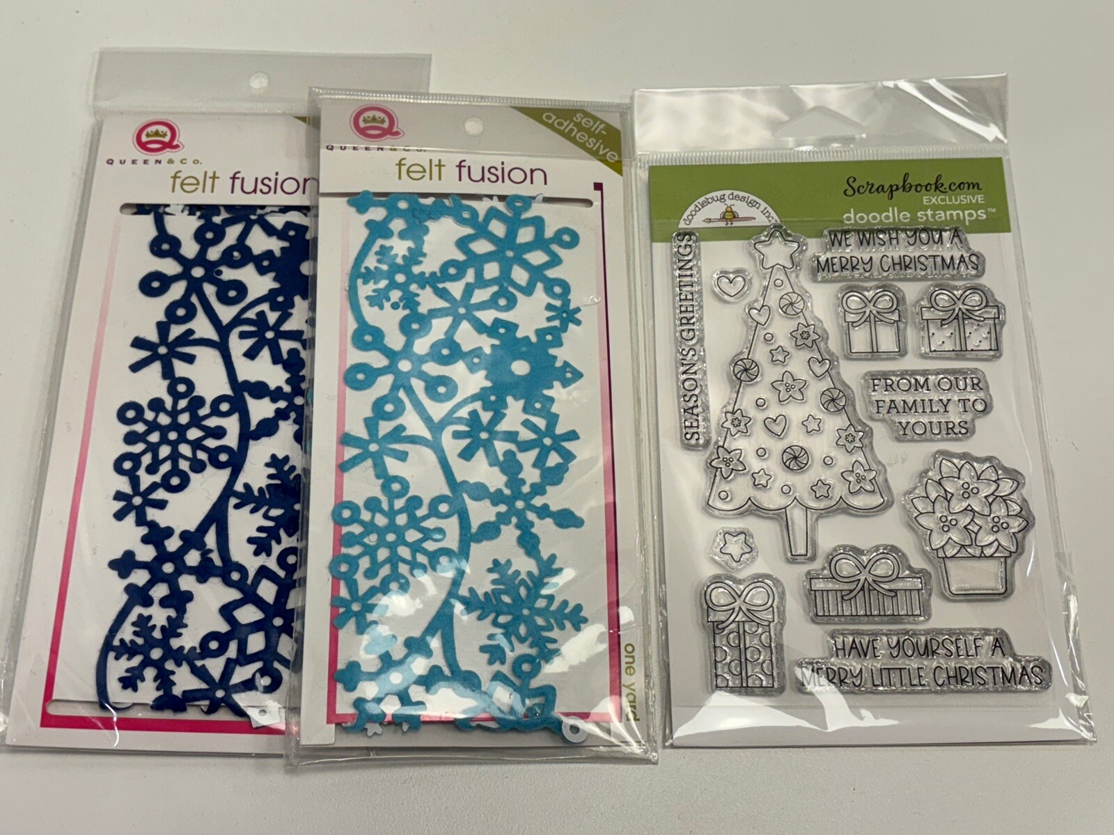 NEW Queen & Co Felt Fusion Snowflake Embellishment Trims & Doodlebug Xmas Stamps
