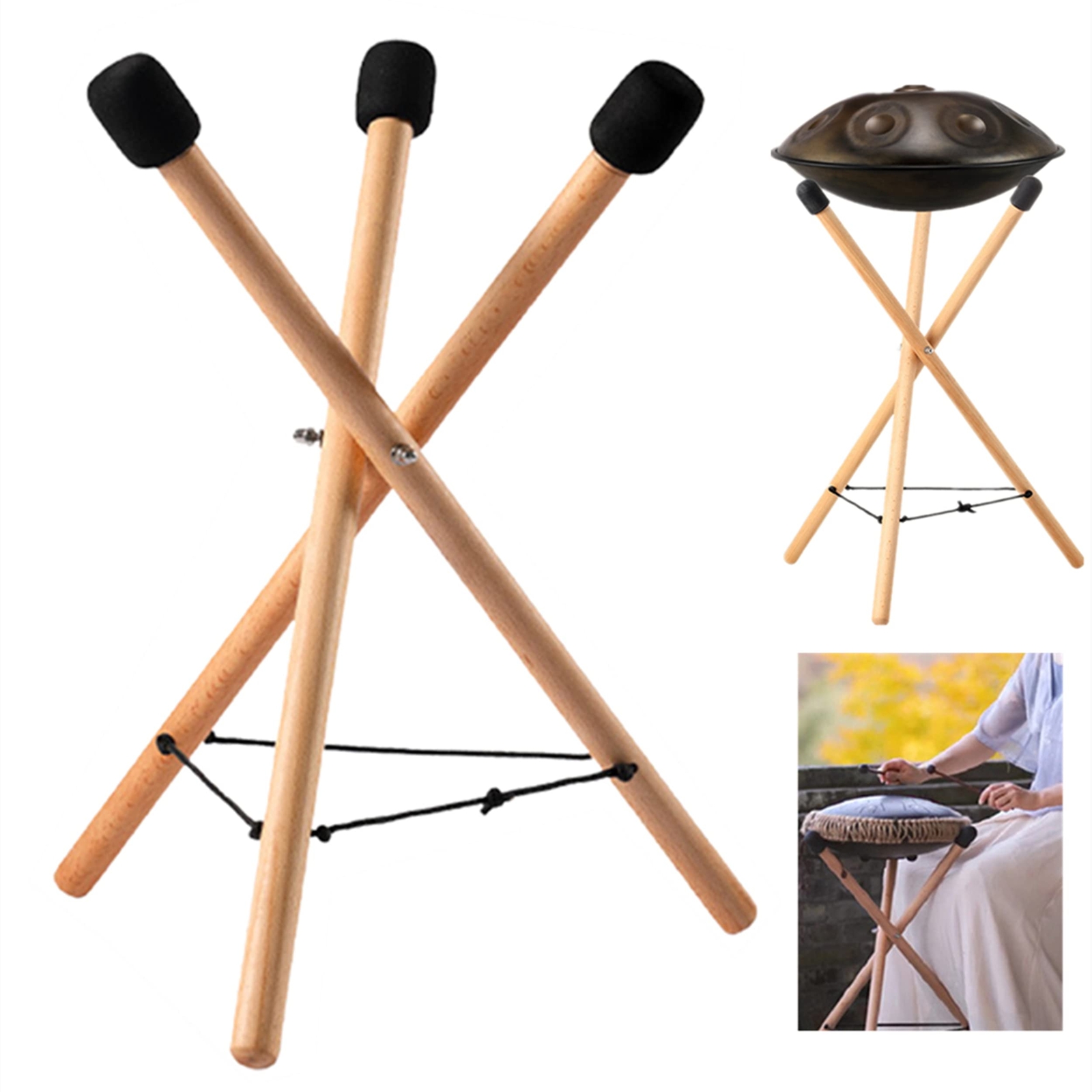 Handpan Drum Stand Steel Tongue Drum Bracket Solid Beech Wood Adjustable Trip...