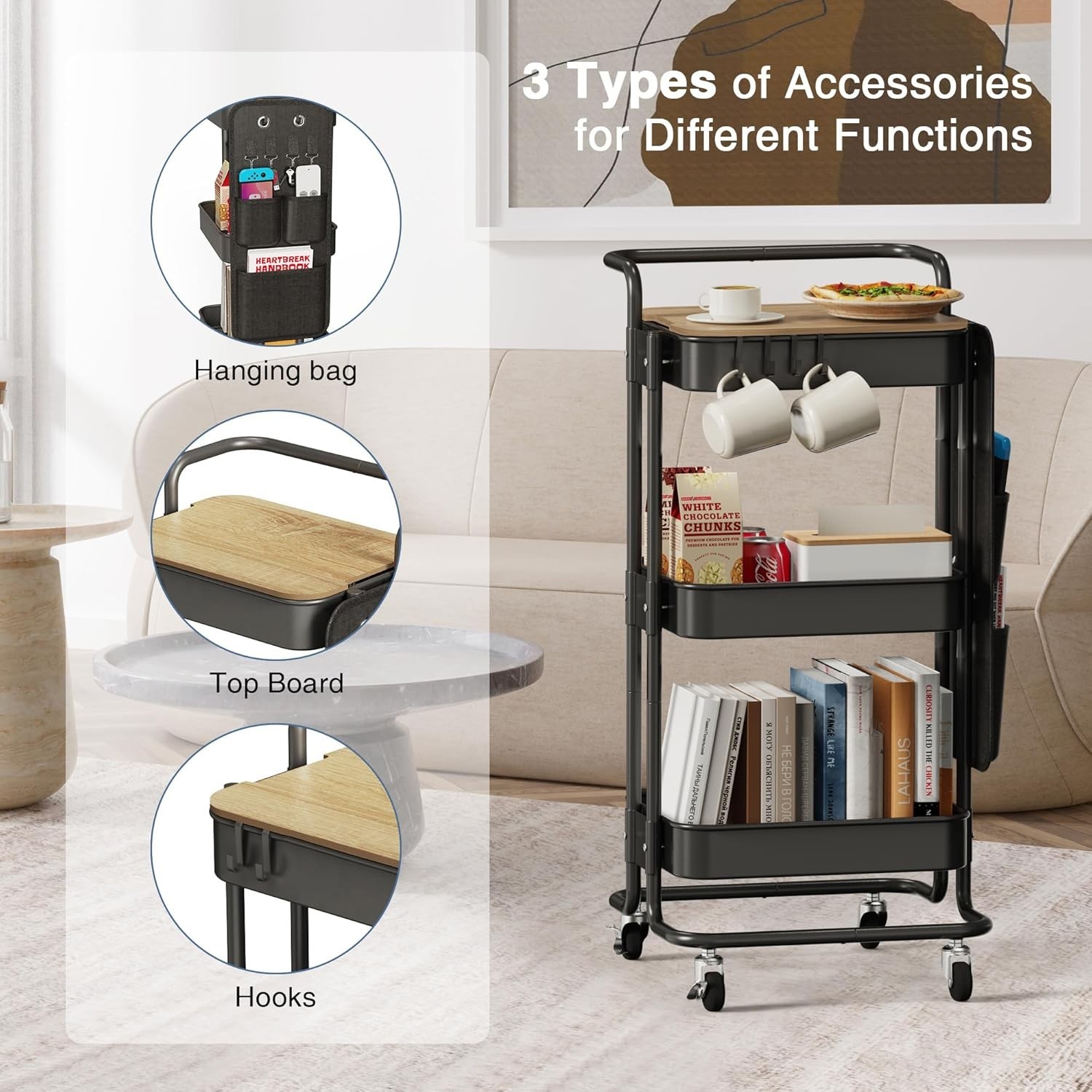 Versatile 3 Tier Metal Utility Rolling Cart with Locking Wheels - Black Finish