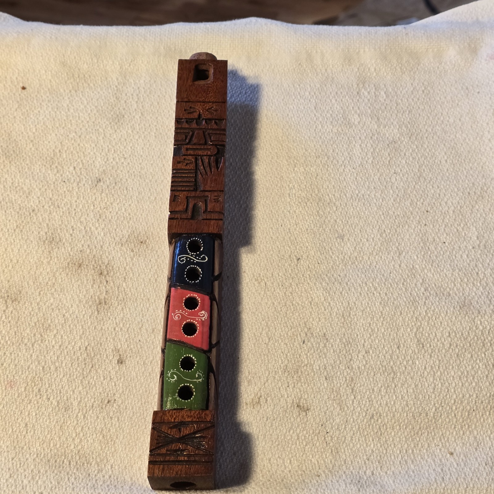 Hand Carved Wooden Slide Whistle Flute Peru Folk Art 10” Painted Andean