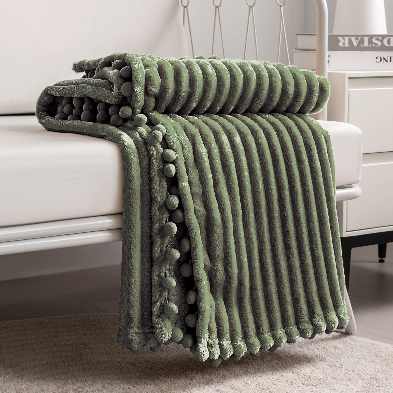 Olive Green Fleece Flannel Throw Blanket 51x63 Inch Pompom Fringe Couch Sofa