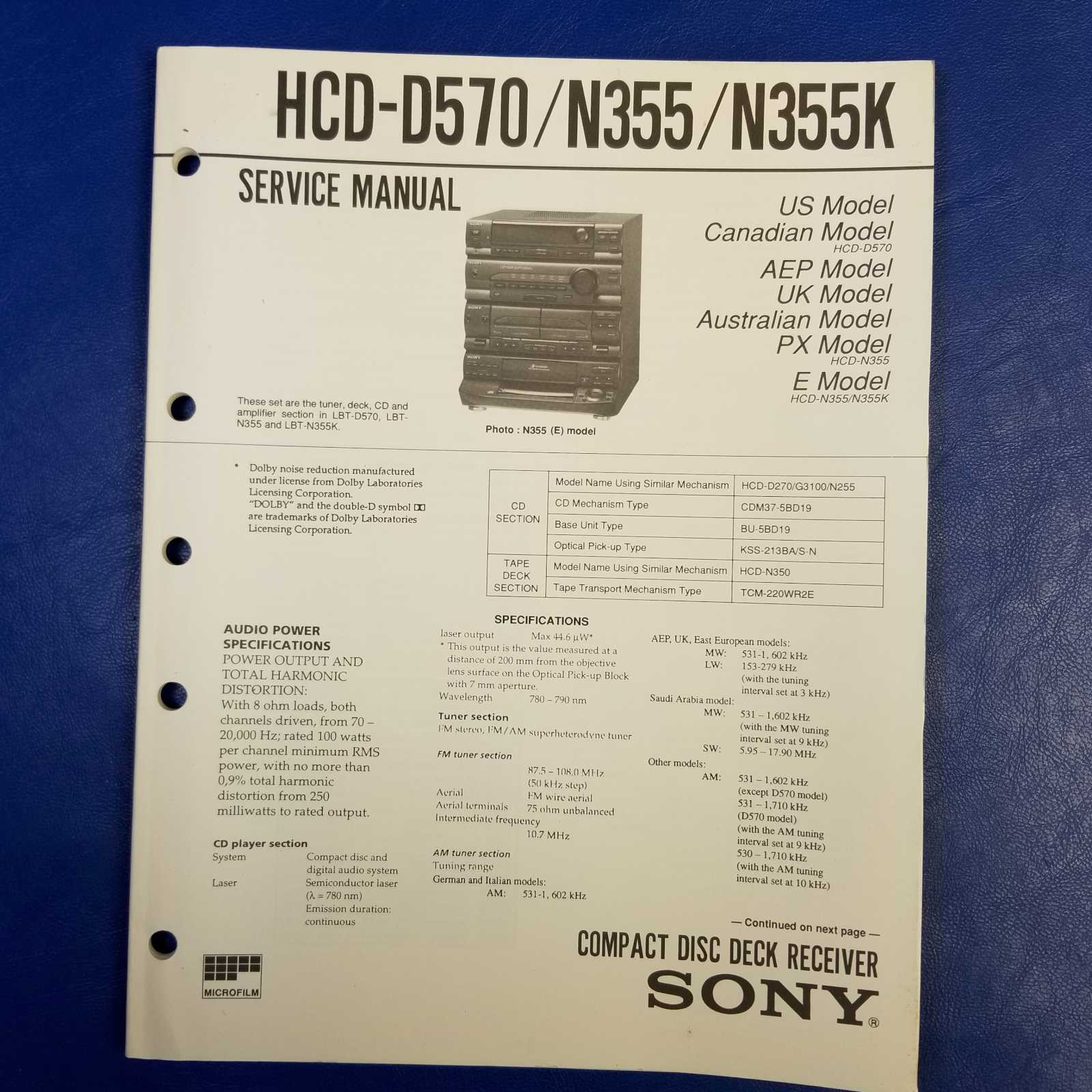 SONY HCD-D570 HCD-N355 HCD-N355K Service Manual Original Paper OEM Repair Guide