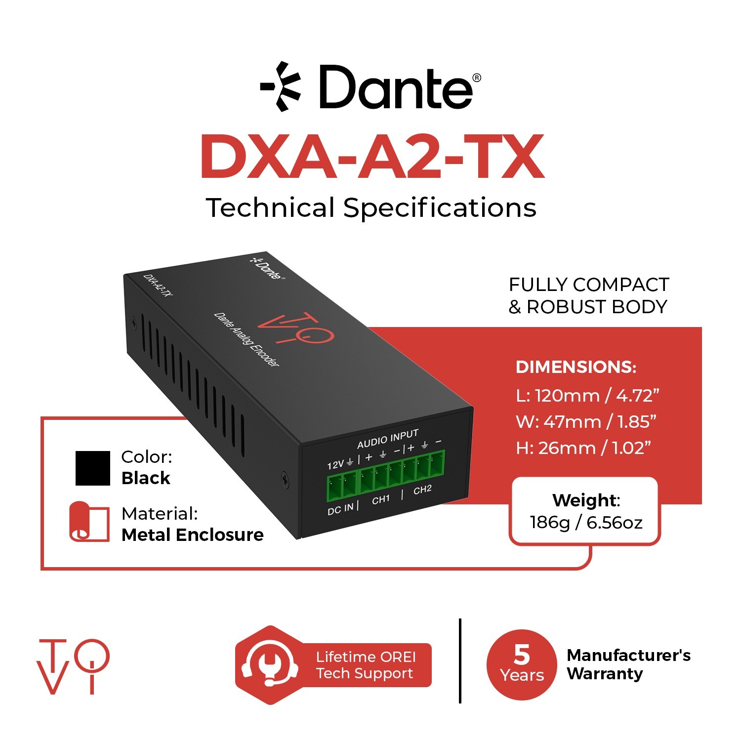 Dante 2CH Analog Audio Encoder with POE - (DXA-A2-TX)
