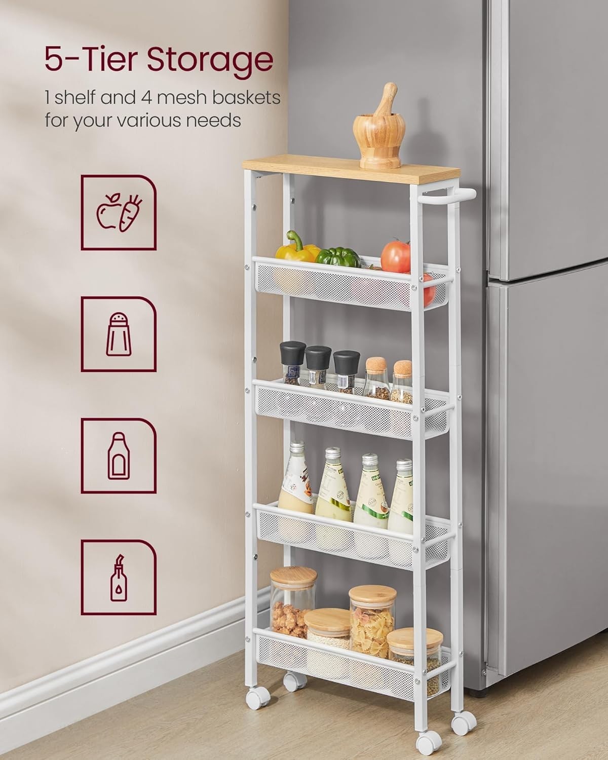 Space-Saving 5-Tier Slim Rolling Cart - Perfect for Home Office & Kitchen