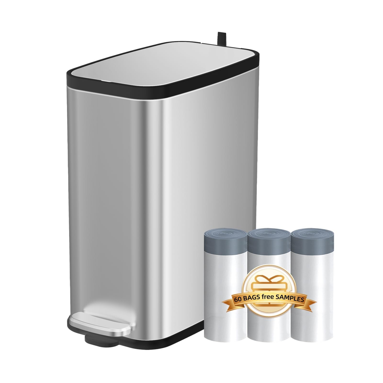 KdbK 1.6 Gal Stainless Steel Slim Soft Close Bathroom Trash Can w/ Lid 60 Bags