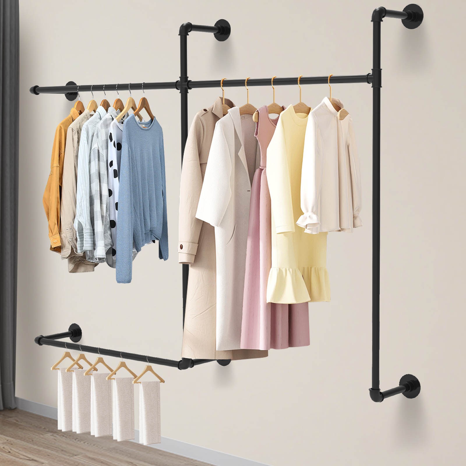 Pipe Clothes Rack with 3 Hanging Rods,Industrial Pipe Clothing Racks