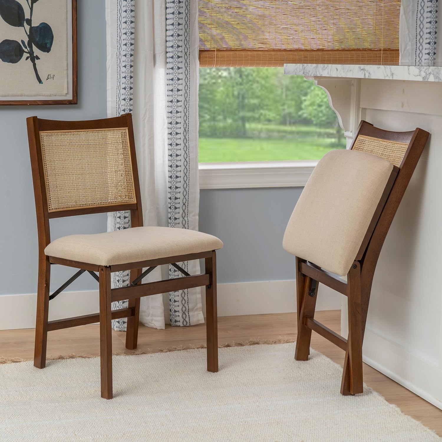 Stylish Brown Rattan Cane Foldable Wooden Dining Side Chair - Fully Assembled