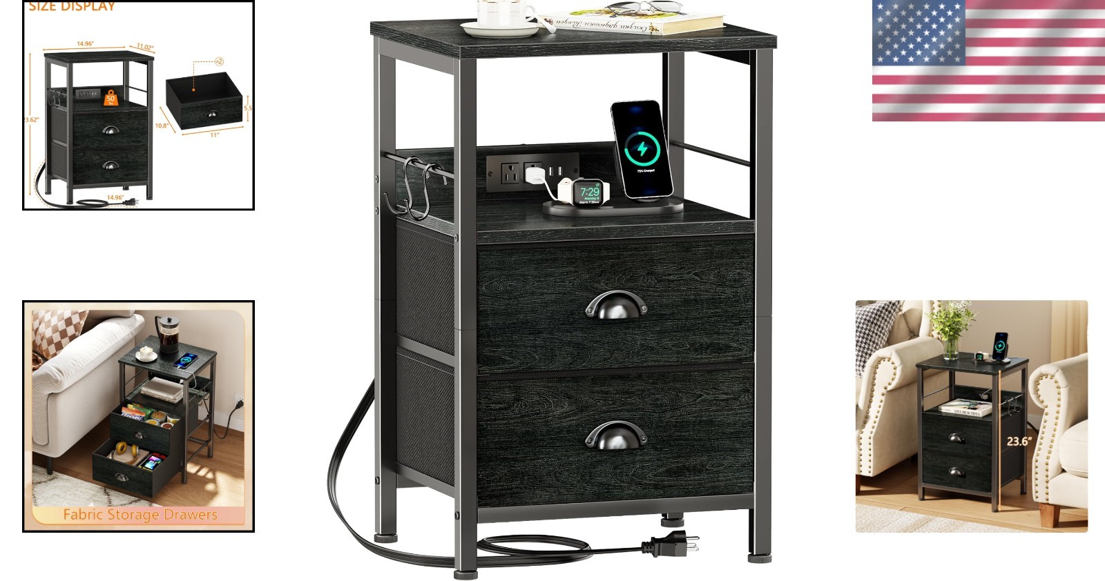 Versatile End Table with Charging Station, 2 Hooks & Fabric Storage Drawers