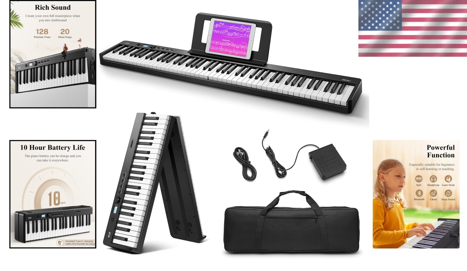 Foldable Electric Piano 88 Key Bluetooth Portable