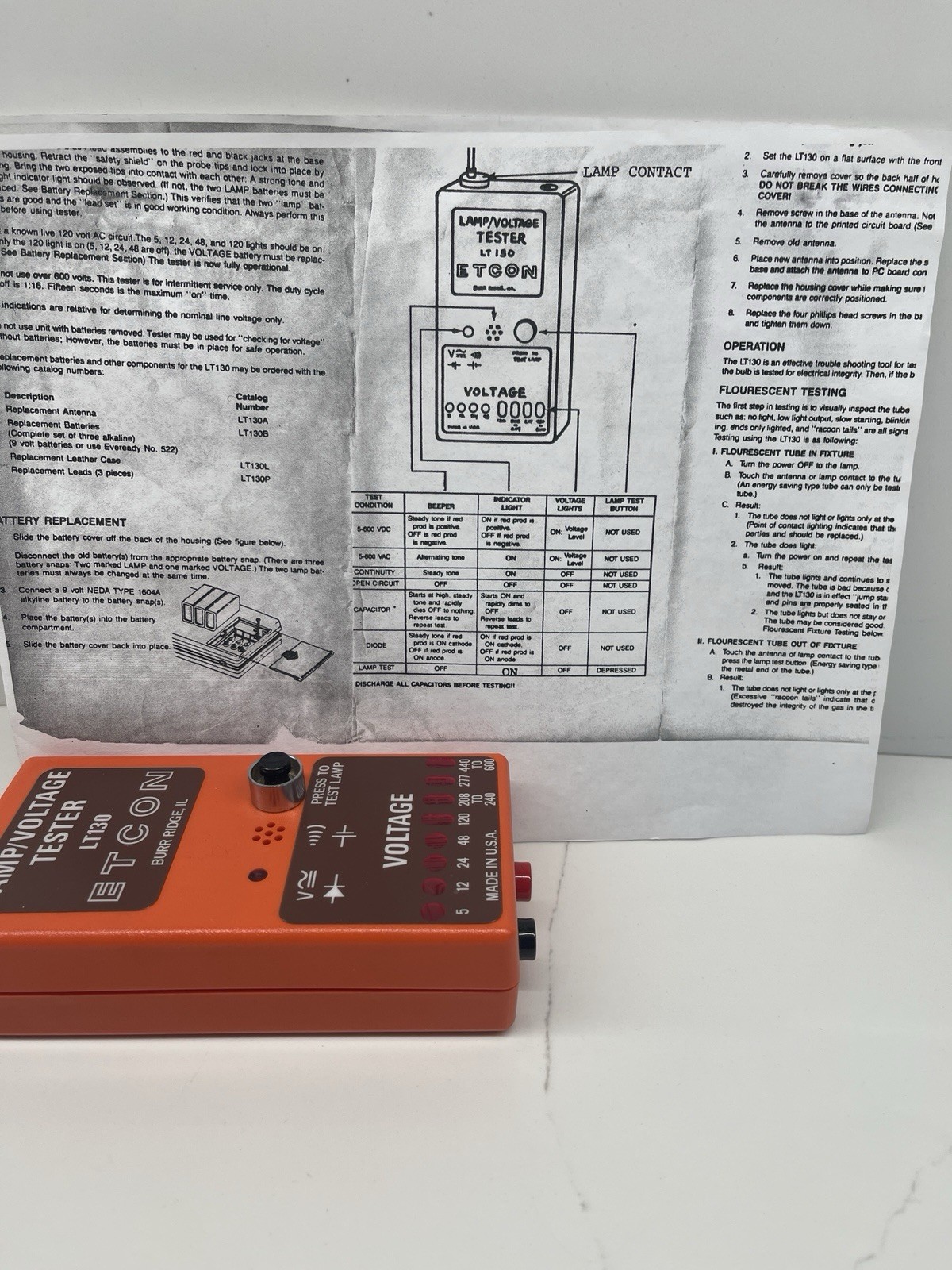 ETCON LT130 LAMP & VOLTAGE TESTER with Lead And Instructions