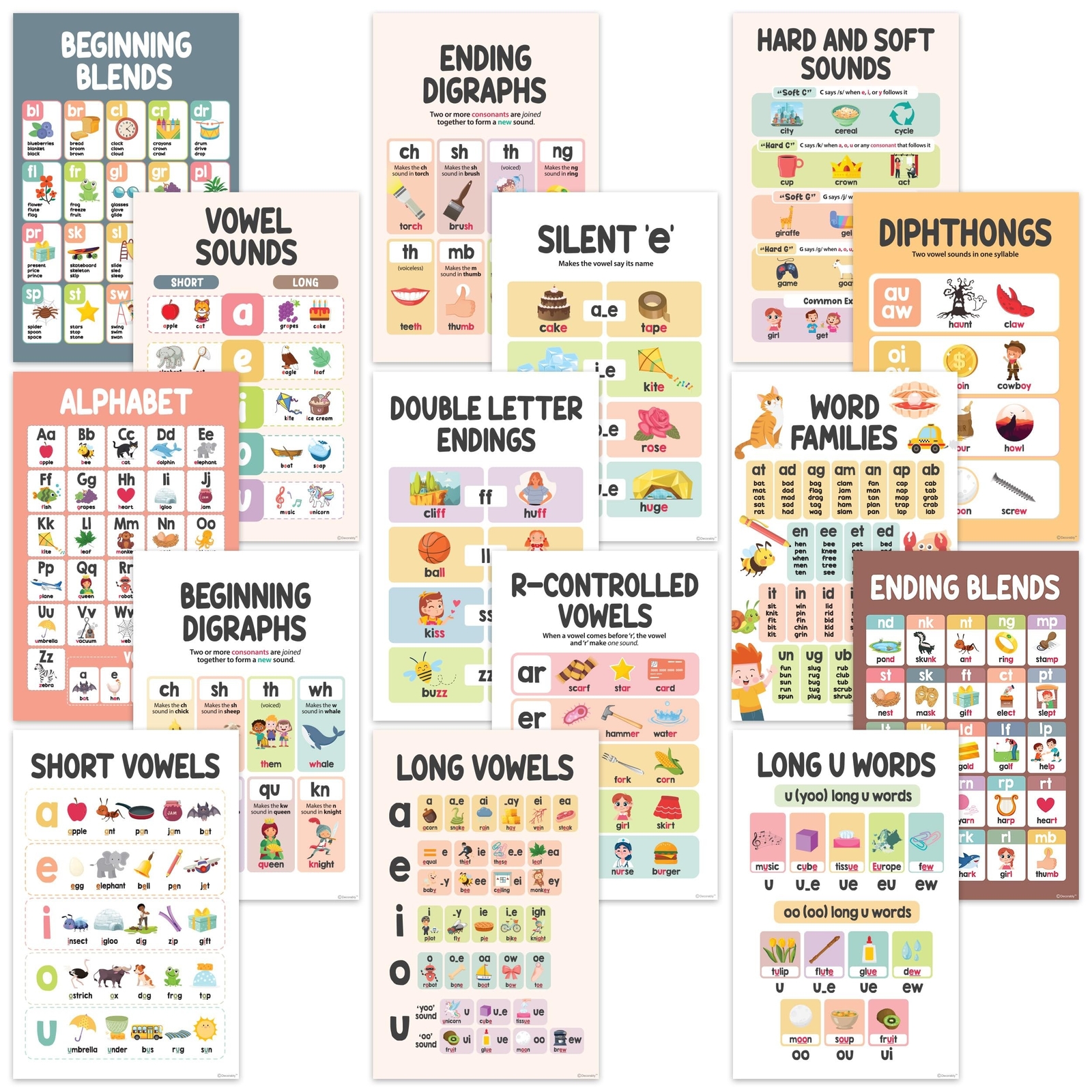 Decorably Phonics Posters for Classroom - 15 Vowel Posters for Classroom, 11x...