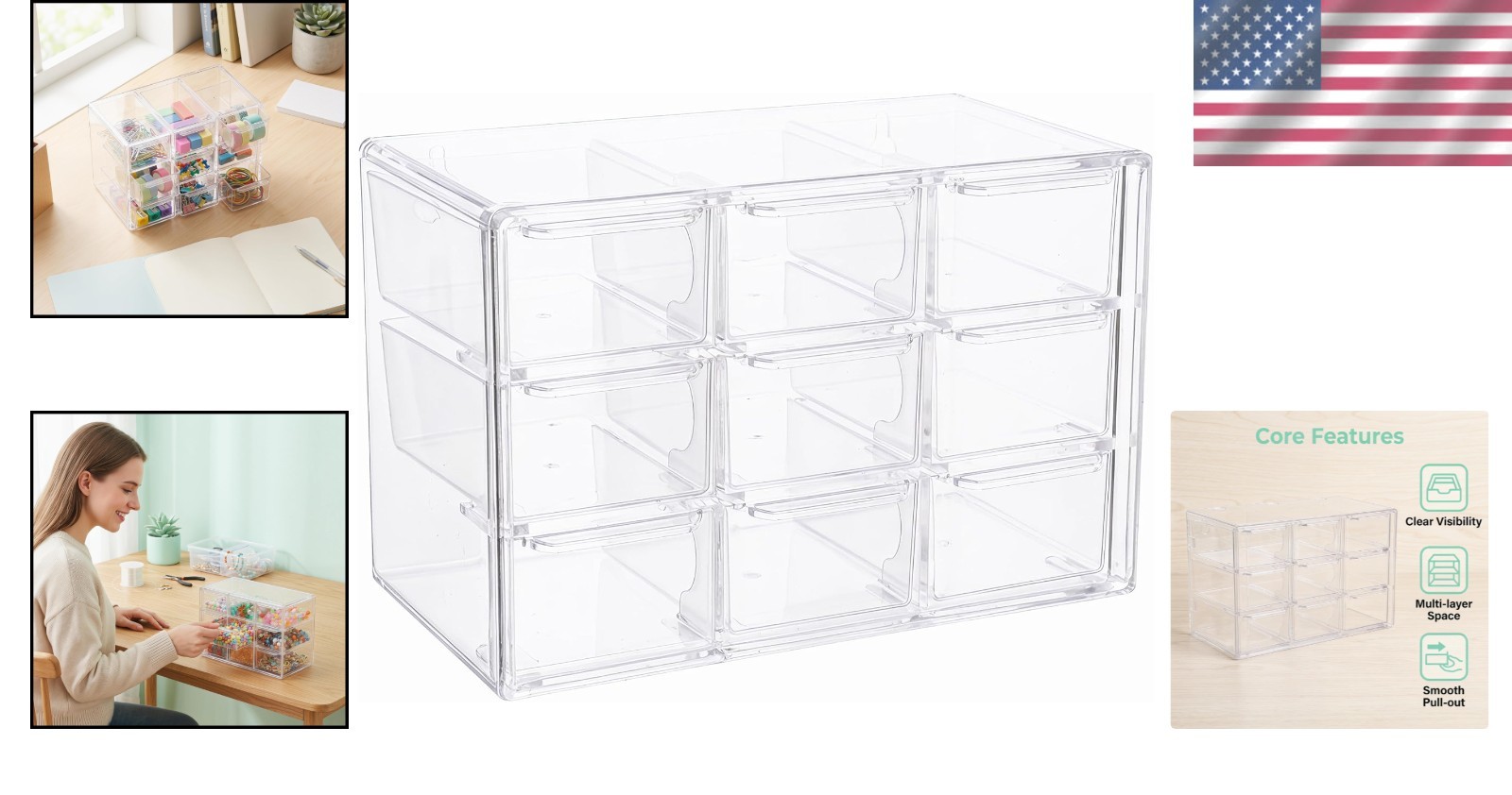 Elegant 9-Drawer Acrylic Desk Organizer - Dustproof & Stackable for Clutter-F...